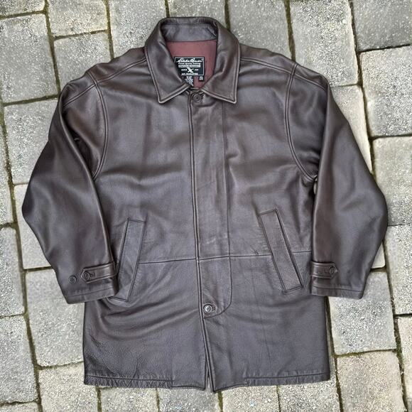 Eddie Bauer Full Length Heavy Genuine Leather Jacket Men M Brown Lined Car Coat - Picture 3 of 10
